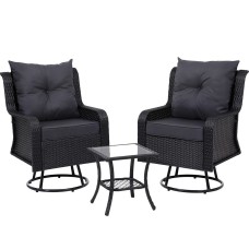 Gardeon 3PC Black Wicker Outdoor Furniture Set - Swivel Chairs & Table with Cushions, Durable Steel Frame, UV-Resistant