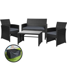 Gardeon 4-Piece Outdoor Sofa Set - Black Rattan, Steel Frame, UV-Resistant, with Cushions & Storage Cover, Easy Assembly