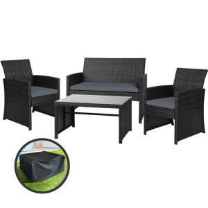 Gardeon 4-Piece Outdoor Sofa Set - Black Rattan, Steel Frame, UV-Resistant, with Cushions & Storage Cover, Easy Assembly