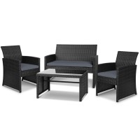 Gardeon 4-Piece Outdoor Sofa Set - Black Wicker with Cushions, Steel Frame, Tempered Glass Table, Weather-Resistant