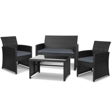Gardeon 4-Piece Outdoor Sofa Set - Black Wicker with Cushions, Steel Frame, Tempered Glass Table, Weather-Resistant