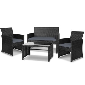 Gardeon 4-Piece Outdoor Sofa Set - Black Wicker with Cushions, Steel Frame, Tempered Glass Table, Weather-Resistant