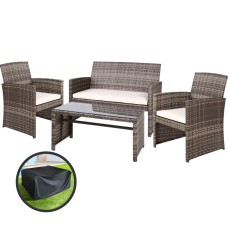 Gardeon 4-Piece Outdoor Sofa Set: Grey Rattan, Steel Frame, Cushions, Storage Cover, UV Resistant, Indoor/Outdoor Use