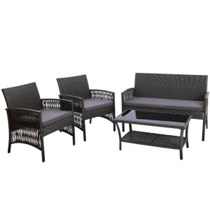 Gardeon Harp-Inspired 4PCS Outdoor Sofa Set - UV-Resistant Grey Wicker, Steel Frame, Cushioned Seating, Glass Table