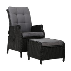 Gardeon Outdoor Recliner Chair Set, Adjustable Wicker Lounger with Ottoman, UV-Resistant, Black, High-Density Cushions