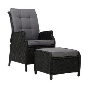Gardeon Outdoor Recliner Chair Set, Adjustable Wicker Lounger with Ottoman, UV-Resistant, Black, High-Density Cushions