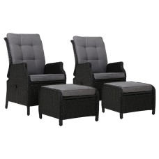 Gardeon 2PC Black Wicker Recliner Set: UV-Resistant, Adjustable, Steel Frame, High-Density Cushions, Indoor/Outdoor Use
