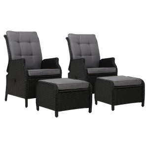 Gardeon 2PC Black Wicker Recliner Set: UV-Resistant, Adjustable, Steel Frame, High-Density Cushions, Indoor/Outdoor Use