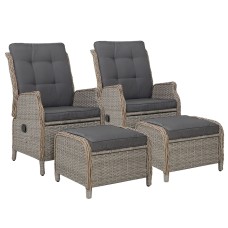 Gardeon 2PC Grey Recliner Chair Set with Ottomans - Adjustable Wicker Lounger for Indoor & Outdoor Comfort, UV-Resistant