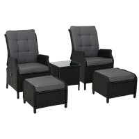 Gardeon 5PC Black Wicker Outdoor Furniture Set - Adjustable Recliner Chairs, Ottomans & Table, UV & Weather Resistant