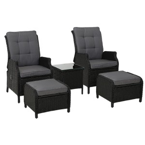 Gardeon 5PC Black Wicker Outdoor Furniture Set - Adjustable Recliner Chairs, Ottomans & Table, UV & Weather Resistant