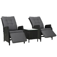 Gardeon 3PC Outdoor Wicker Recliner Set, Adjustable Chairs & Table, UV-Resistant, Steel Frame, Removable Cushions, Black