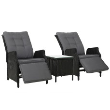 Gardeon 3PC Outdoor Wicker Recliner Set, Adjustable Chairs & Table, UV-Resistant, Steel Frame, Removable Cushions, Black