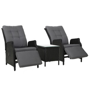 Gardeon 3PC Outdoor Wicker Recliner Set, Adjustable Chairs & Table, UV-Resistant, Steel Frame, Removable Cushions, Black
