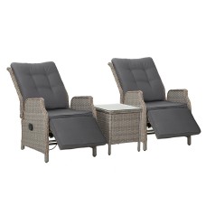 Gardeon 3PC Recliner Set: Weatherproof PE Wicker Chairs & Table, Adjustable Backrest & Footrest, Indoor/Outdoor Use