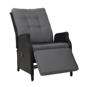 Gardeon Adjustable Outdoor Wicker Recliner Chair - Black, UV-Resistant, Steel Frame, 7cm Cushion, Indoor/Outdoor Use