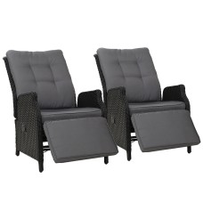 Gardeon 2PC Black Wicker Recliner Chairs - UV & Weather-Resistant, Adjustable, Indoor/Outdoor with Cushions, 57x65x95cm