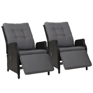 Gardeon 2PC Black Wicker Recliner Chairs - UV & Weather-Resistant, Adjustable, Indoor/Outdoor with Cushions, 57x65x95cm