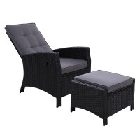 Gardeon Outdoor Recliner Chair Set - Black Wicker Lounge with Adjustable Backrest & Ottoman, UV & Weather-Resistant