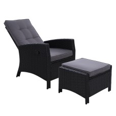 Gardeon Outdoor Recliner Chair Set - Black Wicker Lounge with Adjustable Backrest & Ottoman, UV & Weather-Resistant