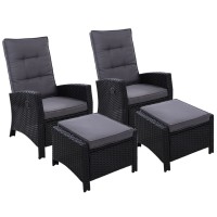 Gardeon 2PC Recliner Chairs Set - Black Wicker Outdoor Furniture with Adjustable Backrest & Ottoman, UV-Resistant
