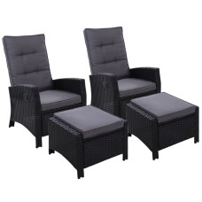 Gardeon 2PC Recliner Chairs Set - Black Wicker Outdoor Furniture with Adjustable Backrest & Ottoman, UV-Resistant