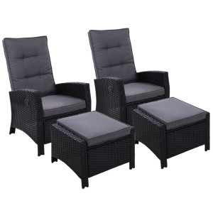 Gardeon 2PC Recliner Chairs Set - Black Wicker Outdoor Furniture with Adjustable Backrest & Ottoman, UV-Resistant