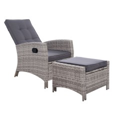 Gardeon Grey Outdoor Recliner Set - Adjustable Wicker Chair & Ottoman, UV-Resistant, High-Density Foam Cushions