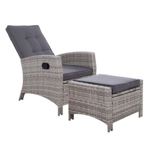 Gardeon Grey Outdoor Recliner Set - Adjustable Wicker Chair & Ottoman, UV-Resistant, High-Density Foam Cushions
