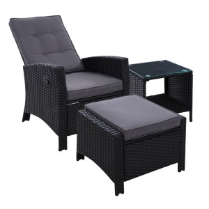 Gardeon 3PC Recliner Set: Black Wicker Outdoor Furniture with Adjustable Backrest, Ottoman, & Tempered Glass Table