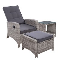 Gardeon 3PC Outdoor Recliner Set with Adjustable Wicker Chairs, Ottoman, and Glass Table - UV & Weather-Resistant, Grey