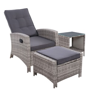 Gardeon 3PC Outdoor Recliner Set with Adjustable Wicker Chairs, Ottoman, and Glass Table - UV & Weather-Resistant, Grey