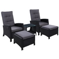 Gardeon 5PC Outdoor Recliner Set: UV-Resistant Wicker, Adjustable Back, Steel Frame, Glass Table, Black