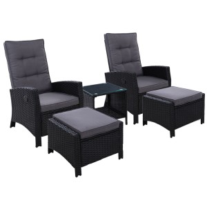 Gardeon 5PC Outdoor Recliner Set: UV-Resistant Wicker, Adjustable Back, Steel Frame, Glass Table, Black