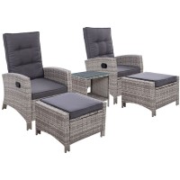 Gardeon 5PC Grey Wicker Recliner Set: Adjustable Outdoor Furniture with Table, UV-Resistant, Weatherproof, Steel Frame