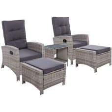 Gardeon 5PC Grey Wicker Recliner Set: Adjustable Outdoor Furniture with Table, UV-Resistant, Weatherproof, Steel Frame