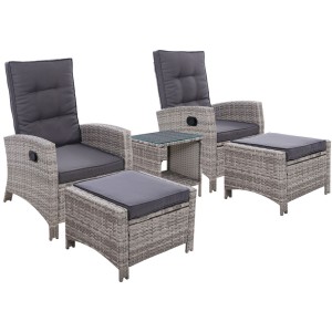 Gardeon 5PC Grey Wicker Recliner Set: Adjustable Outdoor Furniture with Table, UV-Resistant, Weatherproof, Steel Frame