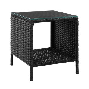 Gardeon Black Wicker Coffee Side Table - 40x40x45cm, PE Rattan, Tempered Glass, Indoor/Outdoor, Weather-Resistant