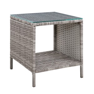 Gardeon Outdoor Coffee Side Table – Grey Rattan Wicker, Steel Frame, Tempered Glass Top, 40x40x45cm, Weather-Resistant