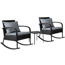 Gardeon 3PC Black Wicker Patio Set: Rocking Chairs & Tempered Glass Table, Weather-Resistant for Indoor/Outdoor Use
