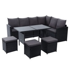 Gardeon 9-Seater Outdoor Dining Set – Black PE Wicker, Steel Frame, Cushions, Glass Table, Storage Cover Included