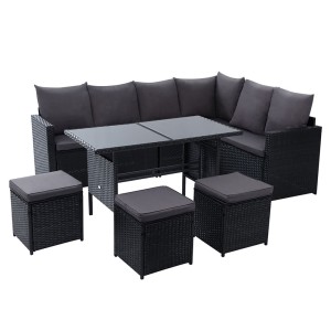 Gardeon 9-Seater Outdoor Dining Set – Black PE Wicker, Steel Frame, Cushions, Glass Table, Storage Cover Included