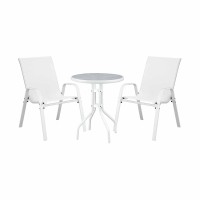 Gardeon 3PC Outdoor Bistro Set White Stackable Textilene Chairs with Tempered Glass Table 3PC Patio Furniture