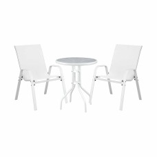 Gardeon 3PC Outdoor Bistro Set White Stackable Textilene Chairs with Tempered Glass Table 3PC Patio Furniture
