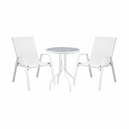 Gardeon 3PC Outdoor Bistro Set White Stackable Textilene Chairs with Tempered Glass Table 3PC Patio Furniture