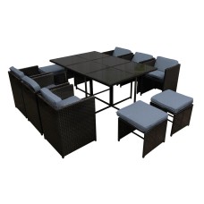 Gardeon 11-Piece Outdoor Dining Set - Black Wicker, Tempered Glass Table, Cushioned Seats, Water-Resistant Covers