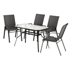 Gardeon 5 Piece Outdoor Dining Set Black – Steel Frame, Tempered Glass Table, Stackable Chairs, Weatherproof, 120cm