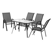 Gardeon 5 Piece Outdoor Dining Set, Grey Mesh Chairs, Tempered Glass Table, Steel Frame, Weatherproof Patio Furniture
