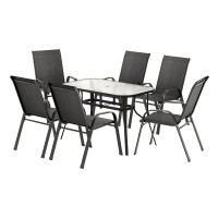 Gardeon 7 Piece Outdoor Dining Set Black—Steel Frame, Mesh Chairs, Tempered Glass Table, Stackable, Weatherproof