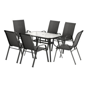 Gardeon 7 Piece Outdoor Dining Set Black—Steel Frame, Mesh Chairs, Tempered Glass Table, Stackable, Weatherproof